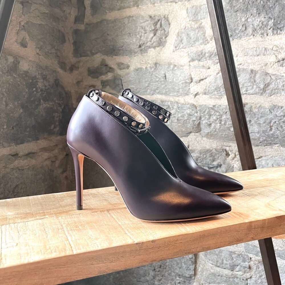 Jimmy Choo Purple Eggplant Lark Ankle Strap V Booties - Picture 1 of 10